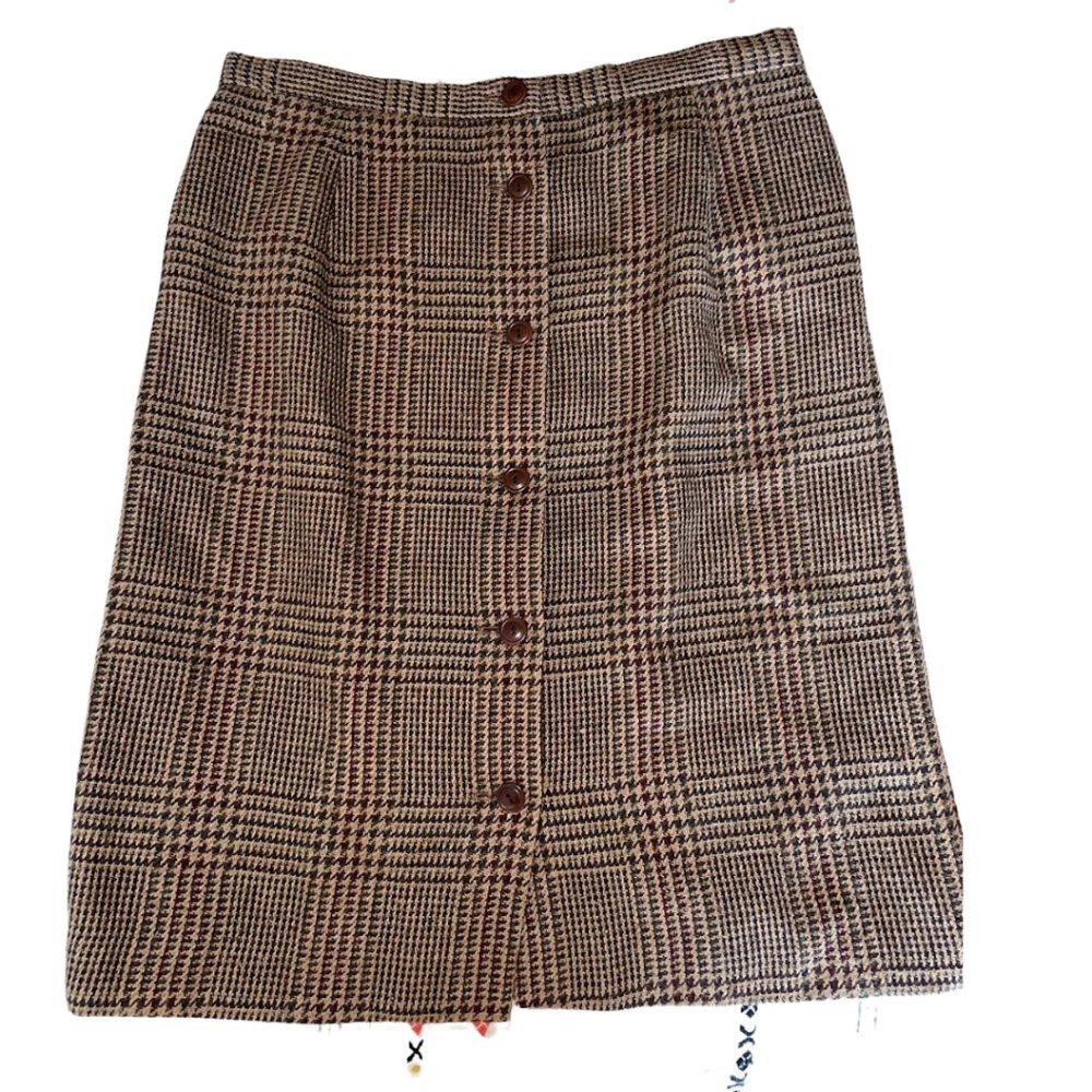 Breeches Vintage Houndstooth Plaid Wool Midi Skirt
